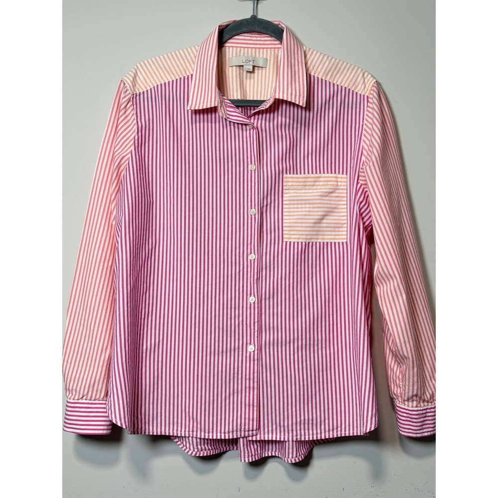 LOFT Pink Orange Mixed Stripe Cotton Modal Button Down Shirt 613509 Womens M
